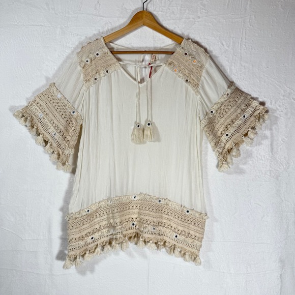 RAGA Tops - RAGA | Style R3104 White Crochet Tassel Mirror Embellished Tunic Top Size S
